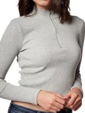TNA Women's Light Gray Ribbed Long Sleeve Half-Zip Mock Neck Sweater Size S